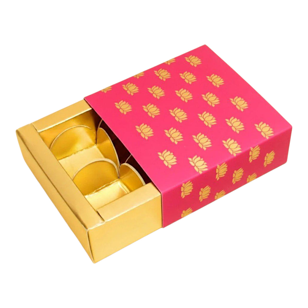 M48 Happy Diwali Pink Lotus Golden Embossed 4 Cavity Chocolate Box | Candles | Macarons
