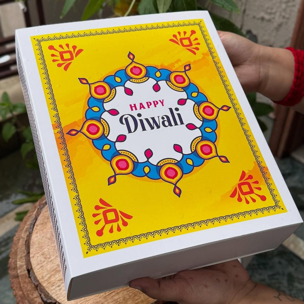 M993 Happy Diwali Yellow Rangoli Mathstick Large Sliding Hamper Box