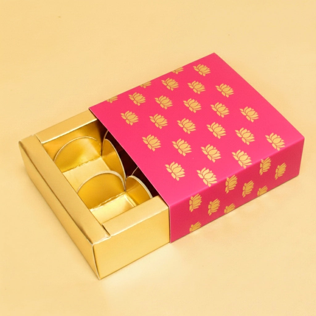 M48 Happy Diwali Pink Lotus Golden Embossed 4 Cavity Chocolate Box | Candles | Macarons