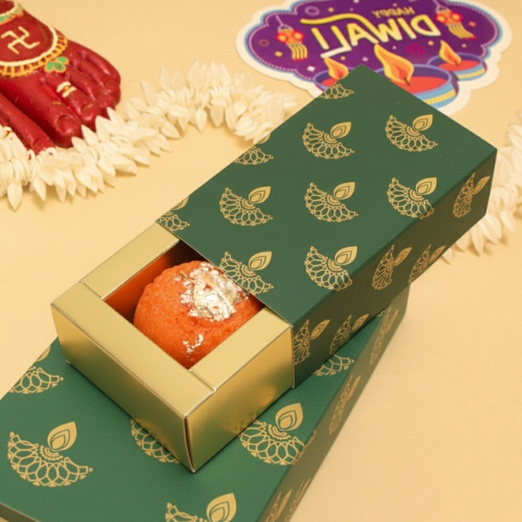 M362 Happy Diwali Green Diya Golden Embossed 2 Cavity Chocolate Box | Candles | Macarons